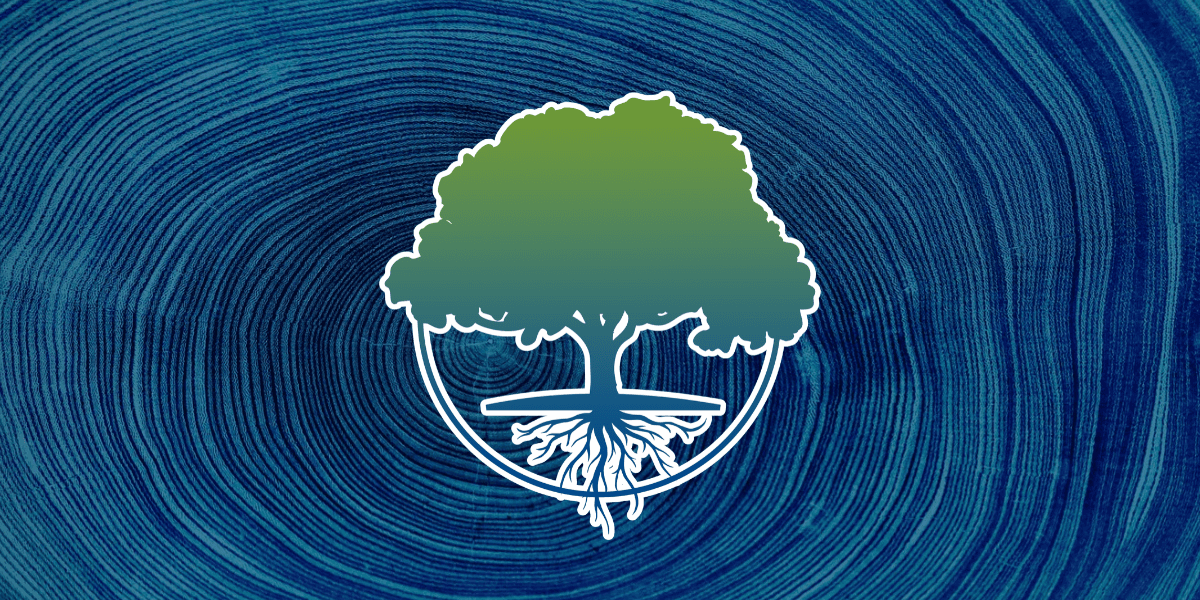 A tree cross section background with an icon of a gradient tree with roots.